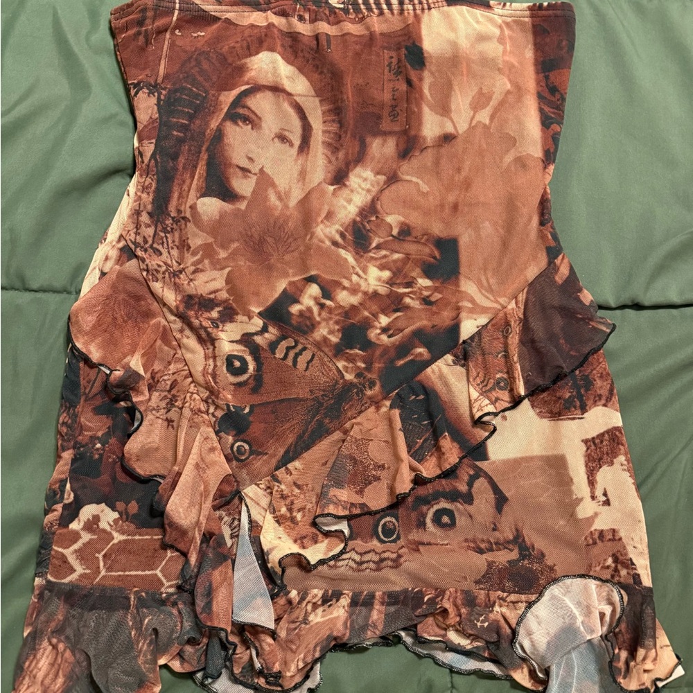 Women's Brown Graphic Ruffle Slip Dress